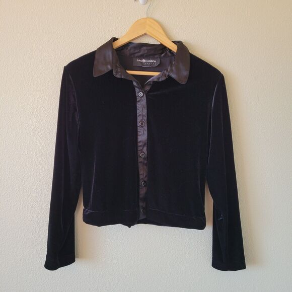 Vtg SAG HARBOR Black Velour Button Down Size LP Boxy Satin Trim Long Sleeve 90s - Picture 7 of 8